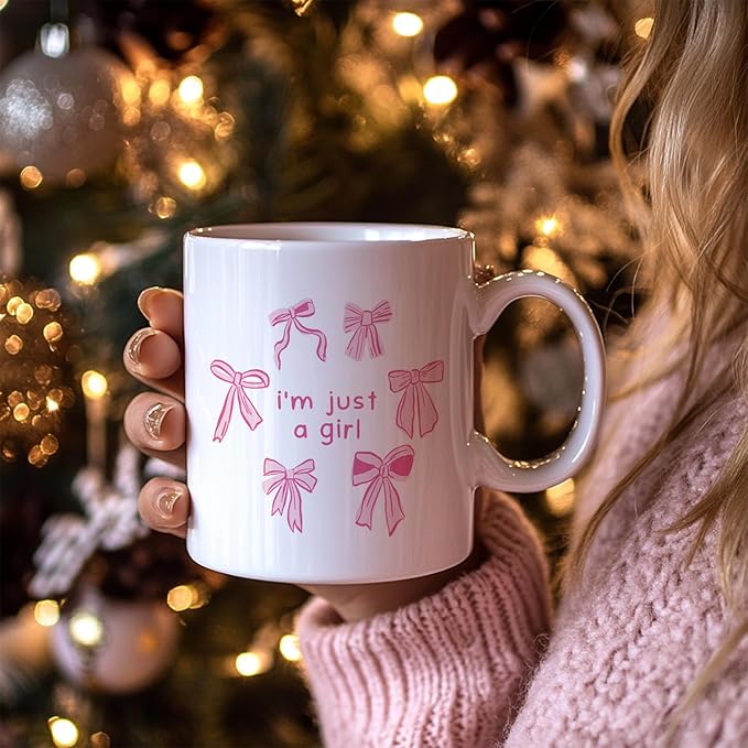 Cute Pink Bow Coffee Mug, I Am Just A Girl Ceramic Coffee Mugs, Coquette Cute Girly Mugs Gifts for Women Girls, 11oz Ceramic Cup White