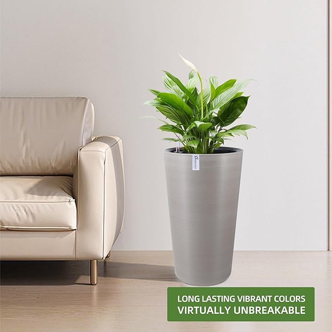 Dexceder 22x13 Tall Self Watering Planter High Cylinder Indoor Outdoor, Thickened Large Floor Standing Flower Plant Pot with Water Level Indicator (Coffee, Wire Drawing)