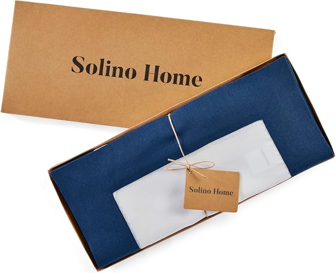 Solino Home Linen Table Runner 60 Inches - 100% Pure Linen Indigo Blue and White Table Runner 14 x 60 Inch Ideal for Dresser and Coffee Tables - Contempo, Winter