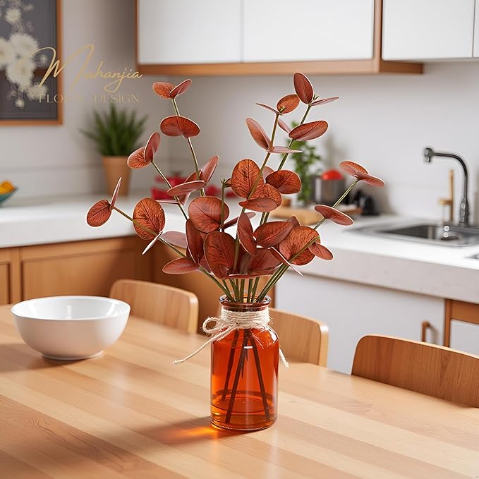 Muhanjia Artificial Eucalyptus Stems in Amber Glass Vase with Faux Water,3Pcs Fake Plant with Double-Sided Terracotta Leaves for Centerpiece (Double-Sided Terracotta Eucalyptus)