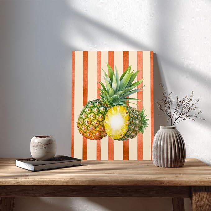 Pineapple Watercolor Wall Art – Tropical Fruit Canvas Print – Summer Kitchen Decor with Orange Stripes – Botanical Pineapple Illustration Poster 24x32inch-Framed