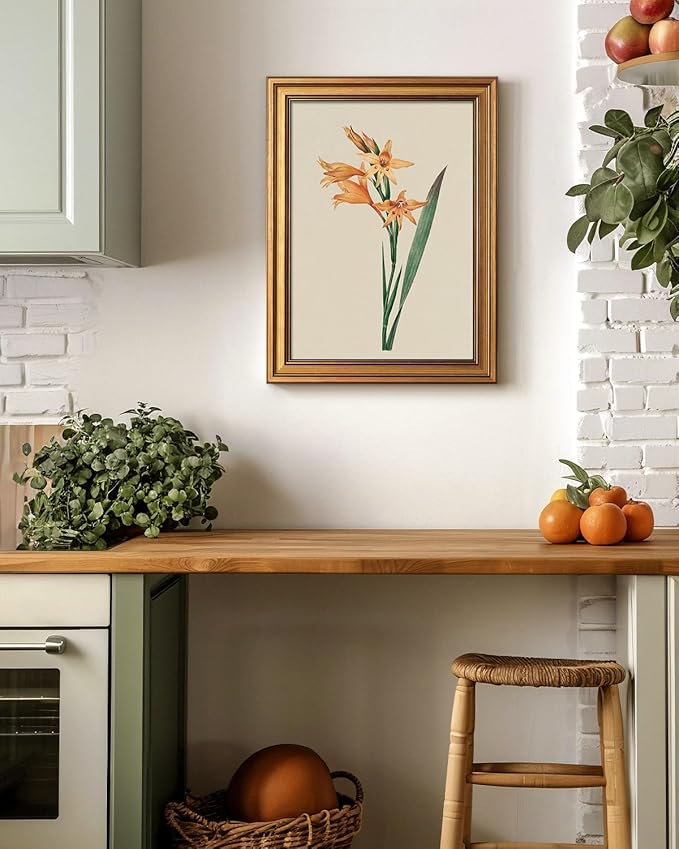 Bzstyleart Vintage Wall Art Decor for Living Room,Gladiolus Yellow Flower Wall Art Botanical,Vintage Floral Botanical Prints,Gold Framed Artwork Room Decor Aesthetic for Bedroom,12 x 16 Inch
