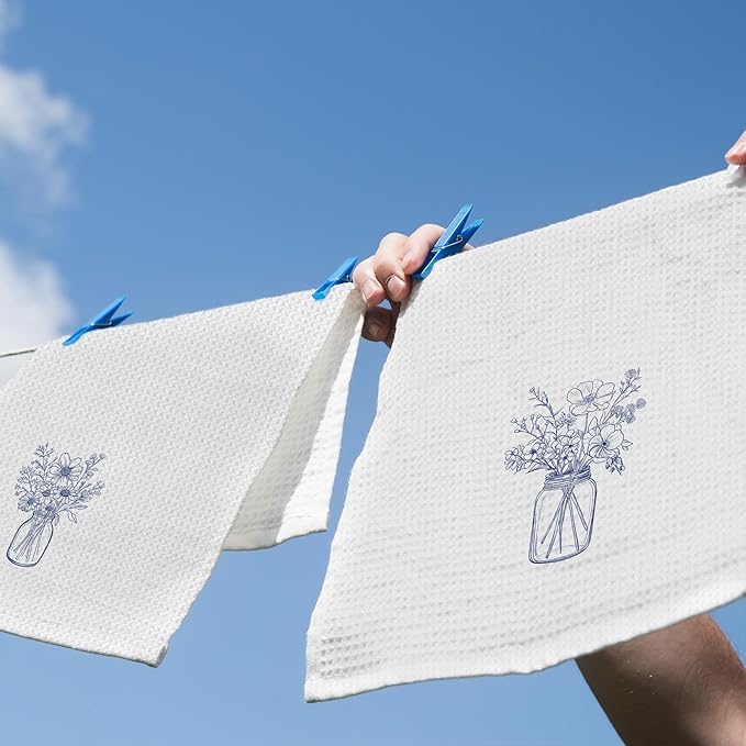 Bohemian Bouquet Kitchen Dish Towels Set of 2, Minimalist Botanical Still Life Decor for Bathroom, Modern Aesthetic Fine Line Floral Hand Towels Kitchen Tea Towels Decorations, 16x24inch