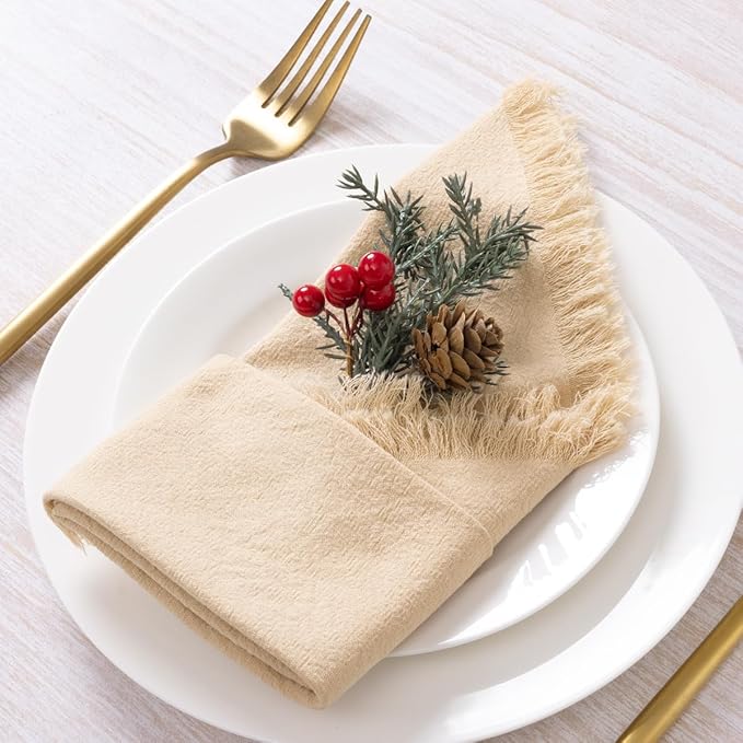 12 Pack Champagne Cotton Linen Napkins with Fringe Spring Cloth Napkins Set of 12 Boho Handmade Dinner Napkins Bulk for Wedding Bridal Baby Shower Valentine's Day, 17 x 17 Inches