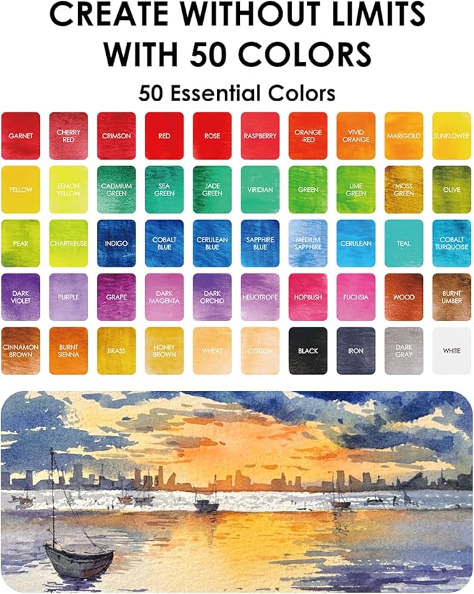 Grabie 100 Colors Premium All-In-One Watercolor Paint Set - 50 Essential, 35 Metallic, 10 Pastels, 5 Neon Hues - Portable Case, Brush Pens, Paper Pad, Waterproof Fineliner Pen, Beginner & Professional