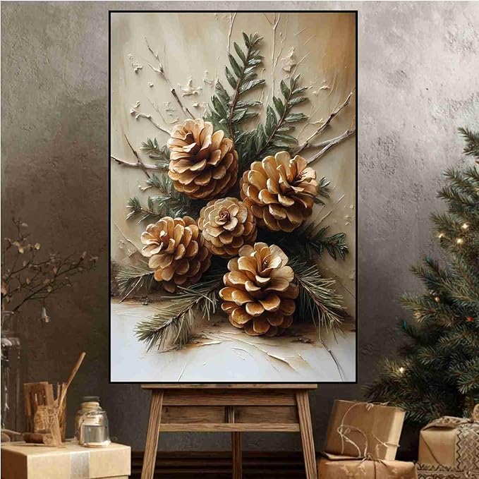 Vintage Christmas Canvas Painting Rustic Nature Print Forest Canvas Wall Art Botanical Wall Decor Brown Green Painting Poster Indoor Decor for Home Offices Living Room Bedroom Framed Ready to Hang
