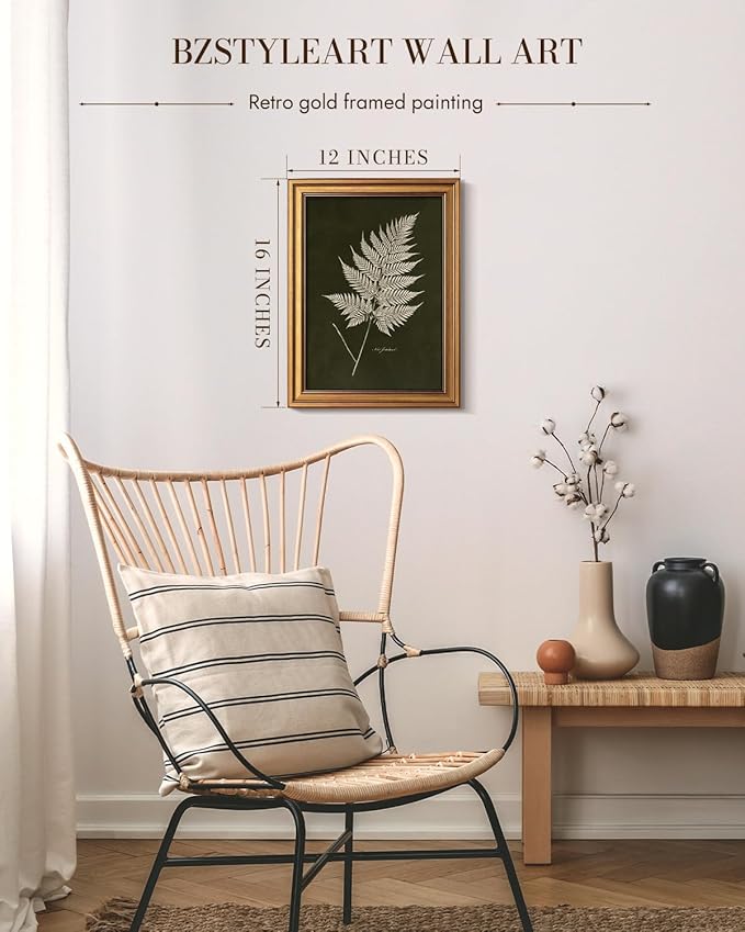 Bzstyleart Vintage Wall Art Decor Bedroom,Vintage Gold Framed Artwork,Fern Leaves Botanical wall Art Living Room,Canvas Picture Painting Room Decor Aesthetic,12 x 16 Inch