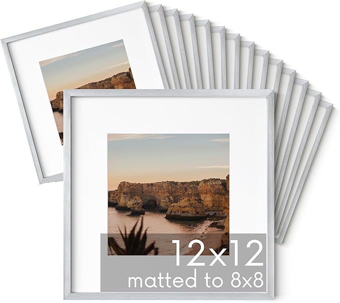 HAUS AND HUES 12x12 Silver Metal Picture Frames Matted to 8x8 - Features Premium Aluminum & Hanging Hardware, Shatterproof Plexiglass - Ideal for Home, Room, Office (12x12 in, Silver, Set of 15)