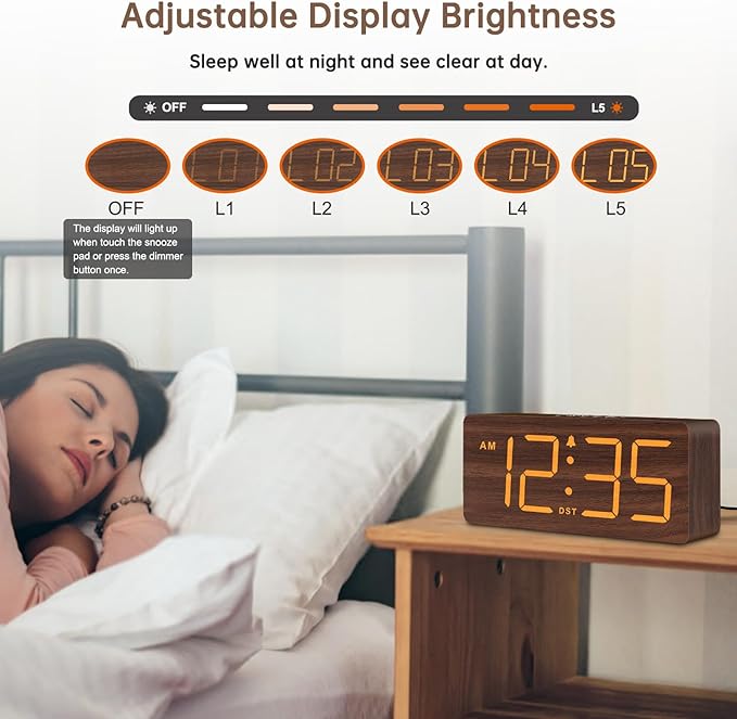 DreamSky Wooden Digital Alarm Clock for Bedroom - Desk Clock with Large Numbers for Living Room Office, Loud Alarm for Heavy Sleepers Adults, Volume Control, Dimmer, DST, Wood Decor (Plug in Clock)