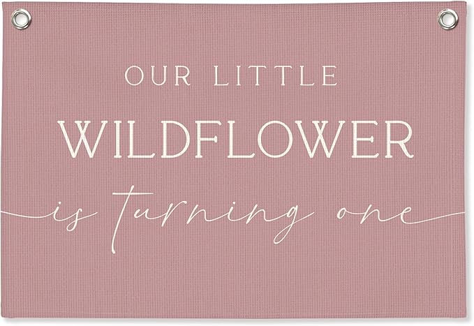 Girl Nursery Decor, Wildflower Nursery Wall Hanging Canvas Banner, Our Little Wildflower Is Turning One Pink Wall Art Decor for Little Girls Toddler Room Bedroom Playroom, 30x20 Inch
