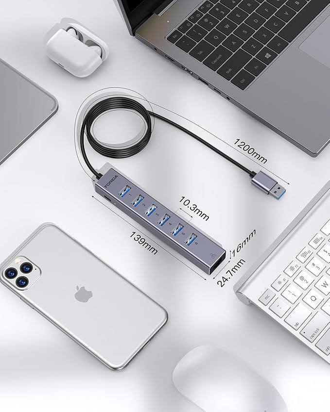 FORIDA 7 Ports USB Ethernet Hub with 3.9ft Long Cable USB Hub for Laptop, USB LAN Adapter with Gigabit Network Port, 5V/3A Power Port, Aluminum MultiPort Extender for PC, iMac, PC, Flash Drives