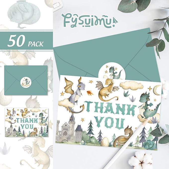 50 Pack Cartoon Dragon Baby Shower Thank You Cards Boxed Greeting Cards with Envelopes Stickers Blank Note Card for Birthday Party Supplies