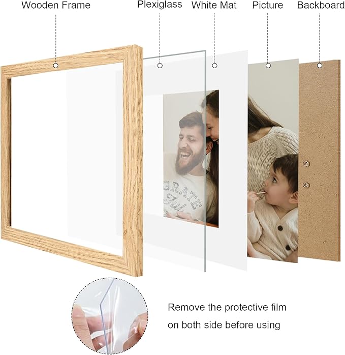 12x12 Picture Frame Set of 9, Photo Gallery Wall Frame Set, Display Pictures 8x8 with Mat or 12 x 12 Without Mat, Square Frame Picture Frames Collage Wall Decor, Natural Oak