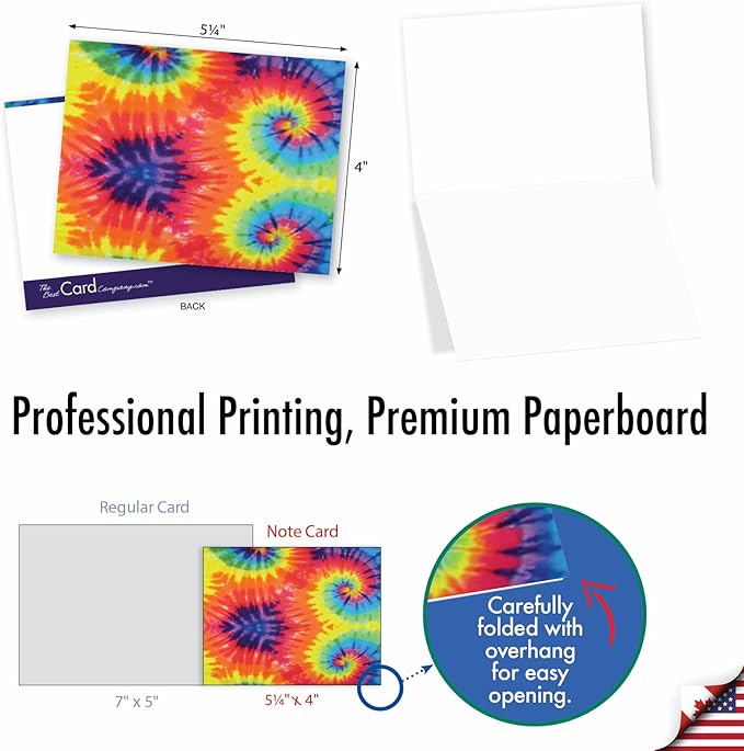 The Best Card Company - 10 Boxed Blank Note Cards Set with Envelopes (4 x 5.12 Inch), Tie Die Retro Fun Note Cards Assorted - To Dye For M6593OCB