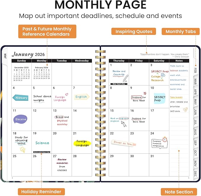 2026 Planner, Monthly and Weekly Calendar Planner for Women, Jan 2026 - Dec 2026, Hardcover Pretty 2026 Agenda Planner Book with Tabs, Spiral Bound, Perfect for School Office Home Supplies, 6.3" x 8.5" - Spring Daffodils