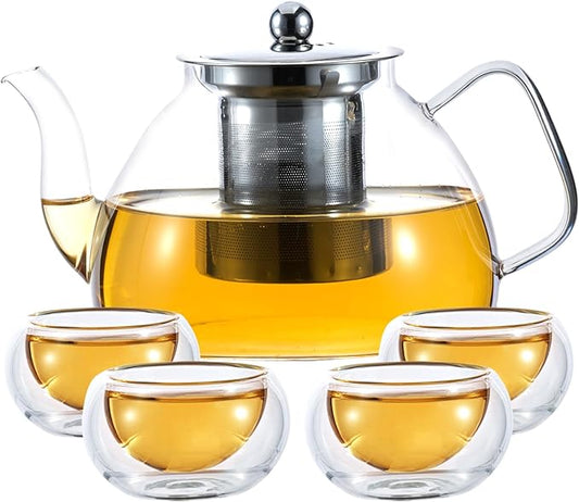 1200ml/40 oz Glass Teapot with 4 Double Wall Teacups and Removable Stainless Steel Infuser, Tea Sets for Adults, Clear Tea Kettle Stovetop Safe for Loose Leaf and Blooming Tea,Gifts for Christmas