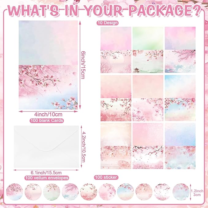 100 Pcs Cherry Blossoms Design Blank Greeting Cards 4x6, Blank Cards, 10 Designs, Great Stationary Set for All Occasions with Matching White Envelopes and Stickers