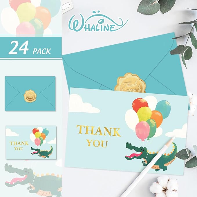 Whaline 24 Pack Alligator Birthday Thank You Cards Greeting Cards Gold Foil Blank Note Card with Envelopes Stickers for Boy Baby Shower Gender Reveal, 4 x 6 Inch