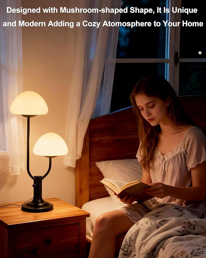 Lightdot Mushroom Table Lamp for Bedroom, Desk Bedside Small Lamps for Living Room Night Stands, Cute Modern Mid Century Lamps Dimmable with 2 LED Bulbs, Unique Aesthetic Home Decor-Black