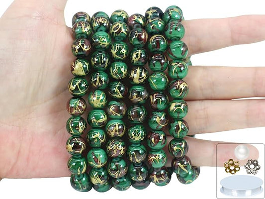 Pamir Tong 300PCS 10mm Green Glass Beads for Jewelry Making,Round Smooth Beads, Bracelet Space Loose Beads for Earring, Necklaces，Keychains, Lanyards, Garland -Adult Craft Supplies