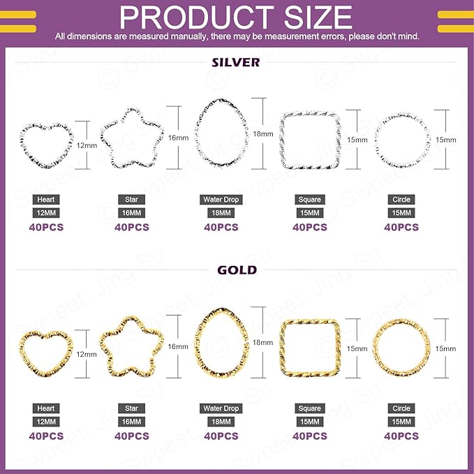 Swpeet 400Pcs Gold and Sliver 12mm 15mm 16mm 18mm 5 Styles Open Jump Rings Assortment Kit, Plum Bossom/Water Droplets/Heart/SquareIron O Rings Connectors Jewelry Findings