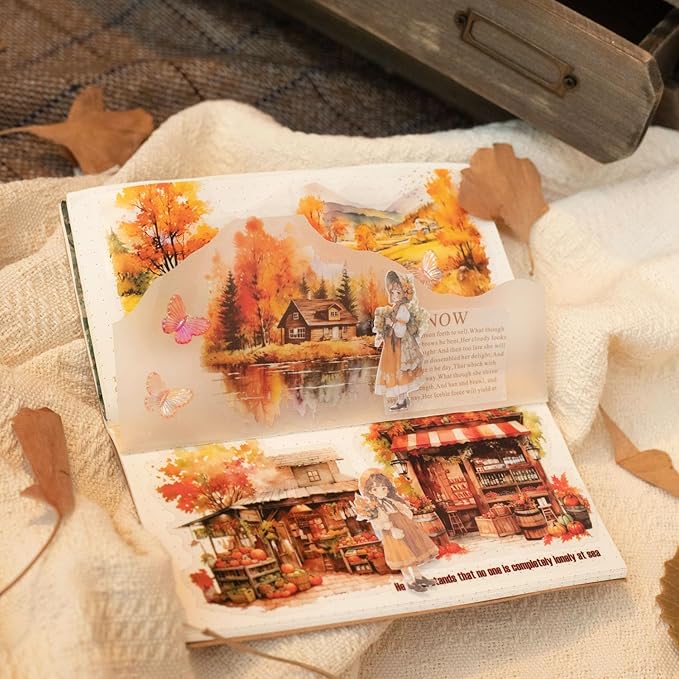 Autumn Themed PET Stickers Set, 60PCS Large Landscape Stickers for Scrapbooking, Journaling, DIY Crafts, and Art Projects