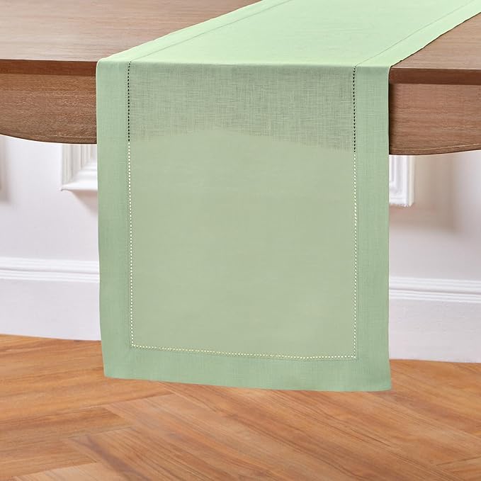 Solino Home Linen Hemstitch Table Runner 108 Inches Long - 100% Pure Linen Light Green Table Runner 14 x 108 Inch for Spring, St Patricks Day, Easter - Classic Hemstitch