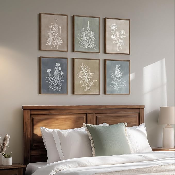 Framed Boho Botanical Wall Art for Living Room, Set of 6 Rustic Floral Canvas Painting Prints, Vintage Minimalist Neutral Flower Artwork for Modern Farmhouse Bedroom Kitchen Hallway Wall Decor, 11x14