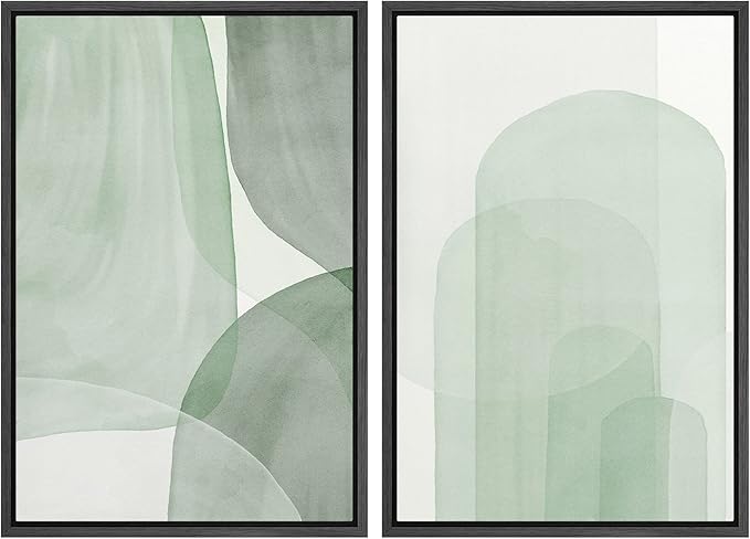 SIGNWIN Framed Canvas Print Wall Art Set Pastel Watercolor Green Polygon Collage Abstract Shapes Illustrations Modern Art Minimal Boho Colorful for Living Room, Bedroom, Office - 24"x36"x2 Black