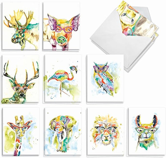 The Best Card Company Assorted Watercolor Blank Greeting Card Box Set - Incl. 20 Notecards + Envelopes, 10 Unique Designs for Thank You, Invitations, More - Rainbow Splash Animals AM6137OCB-B2x10