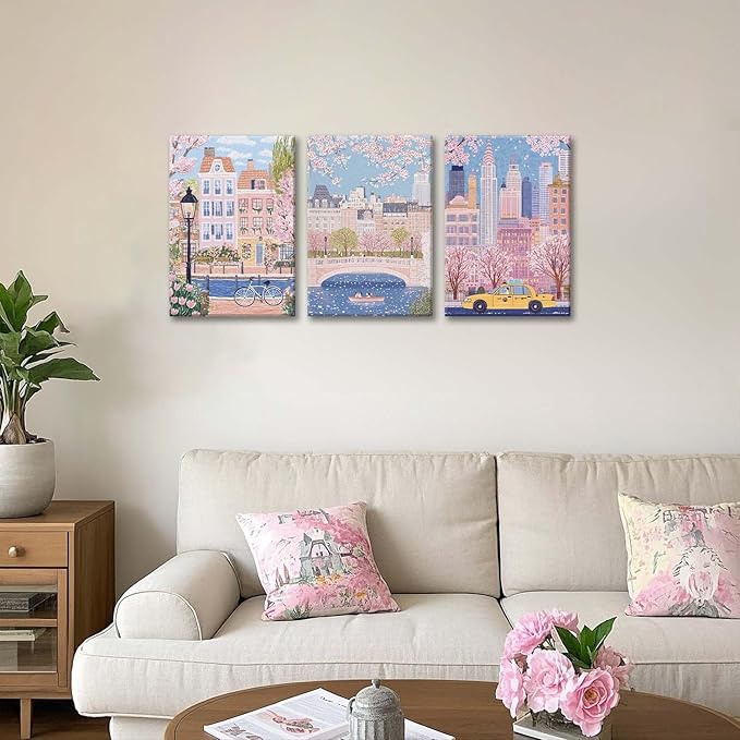 XLARTMY Watercolor City Landscape Travel Wall Art Canvas Framed Pink Cherry Flower Poster Girly Prints Painting Pictures Set of 3 for Bedroom Living Room Office 16x24in