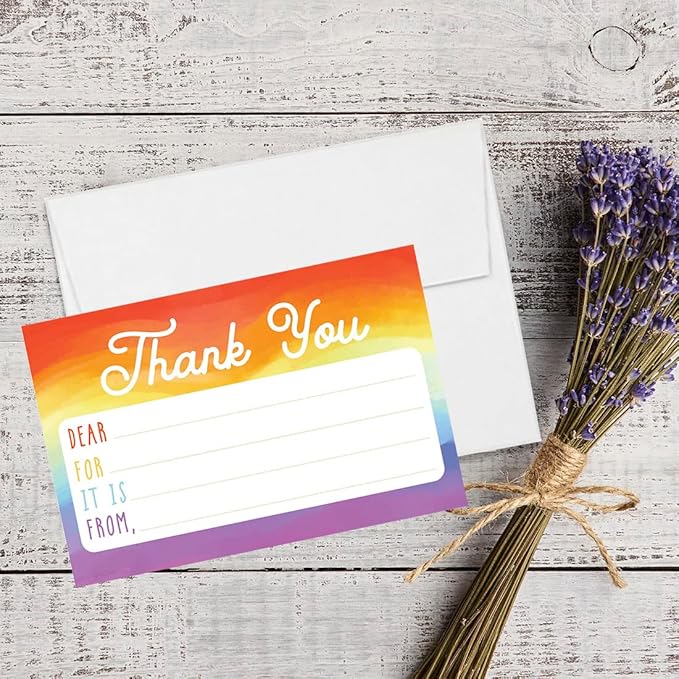 Andaz Press Kids Fill in the Blank Thank You Cards - 20 Cards Including Envelopes Watercolor Rainbow Gender Neutral Note Cards For Boys Girls Birthday Thank You Notes for Friends, Family Party Guests