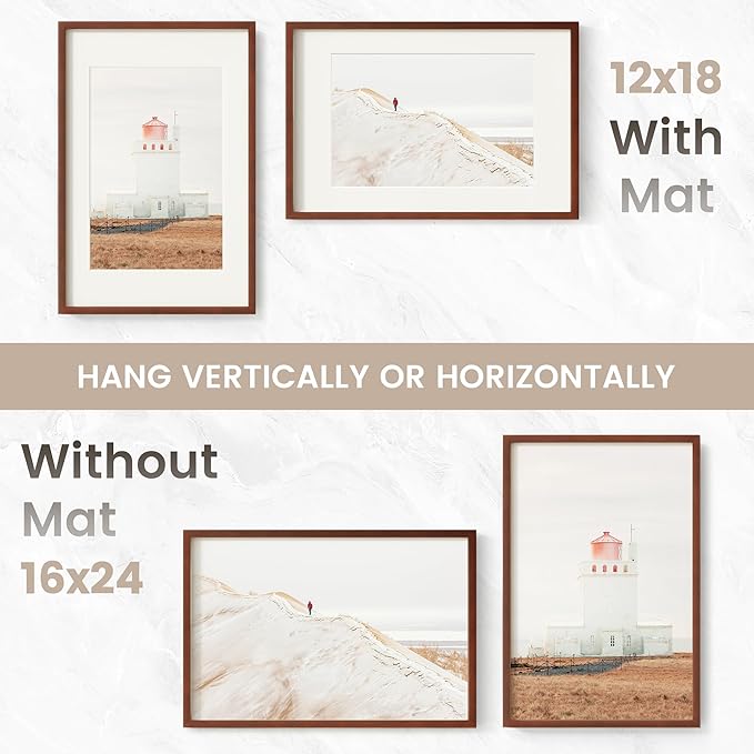16x24 Poster Frame, USA-Sourced Natural Mahogany Wood Picture Collage Frame with HD Tempered Glass, Modern Simple 16 x 24 Wooden Photo Frame Matted to 12x18, Vertical & Horizontal Wall Hanging Display
