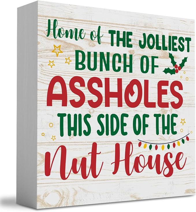 National Lampoon's Christmas Vacation Decor Home of the Jolliest Wood Box Sign, Farmhouse Christmas Santa Artwork Decor, Wood Square Sign Desk Block Signs Home Shelf Office Decoration 5 x 5 Inches