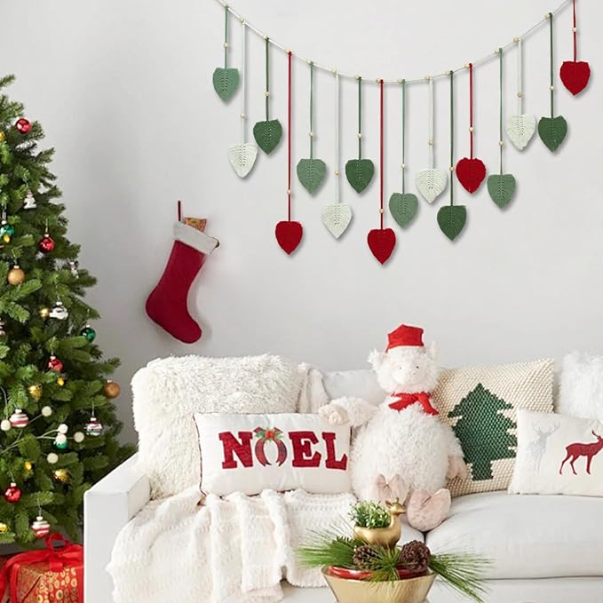 LB Christmas Macrame Wall Hanging Large, Red Feather with Wood Beads Boho Woven Tapestry Wall Hanging Macrame Wall Decor Handmade Red and Green Wall Art for Living Room Bedroom Nursery, 47x30 Inch