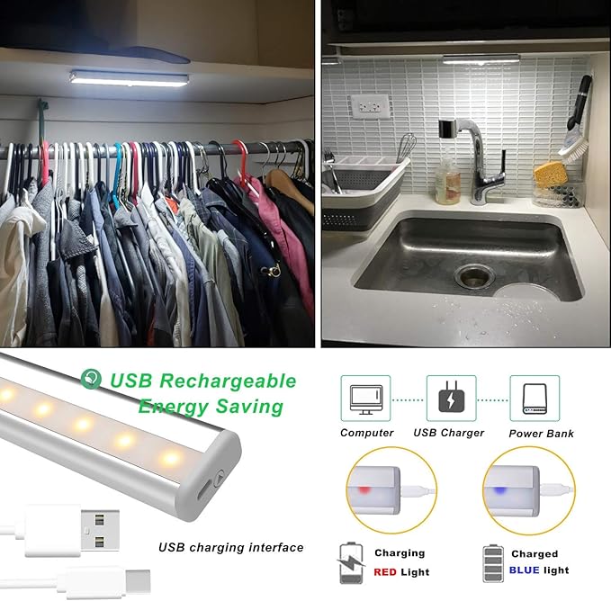LDOPTO Under Cabinet Wireless LED Lights, 6 Pack Rechargeable Battery Operated, Dimmable, Remote Control, Stick On Night Lights for Kitchen, Pantry, Stairs, Hallway, 3 Colors