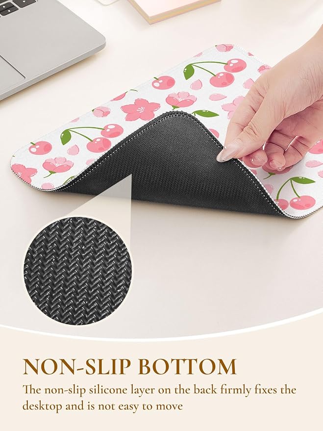 Cute Cherries Mouse Pad,Waterproof Aesthetics Flower Mouse Pads Design, Non-Slip Rubber Base Computer Simple Funny Mousepad,Small Mouse Mat Desk Accessories Office Supplies,Pink Cherry Floral