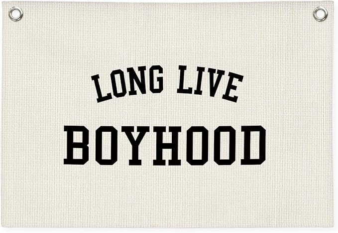 Nursery Decor Wall Art,Long Live Boyhood,Minimalist Black and White Linen Banner Print Decor Hanging for Kids Boys Toddler Nursery Room Bedroom Playroom, 30X20 Inch