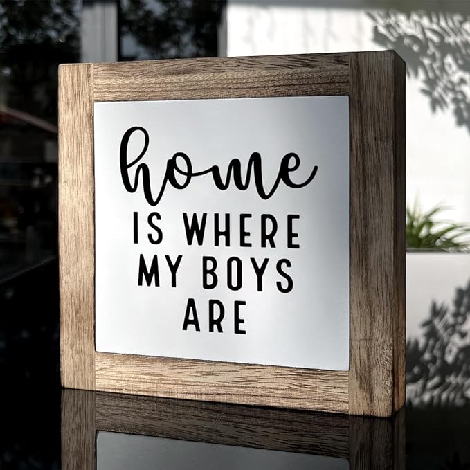 Farmhouse Table Sign, Small Wooden Plaque, Wooden Box Signs for Home Decor, Housewarming Gift, Mom Gift for Mother's Day, Holidays, Home is Where My Boys Are Sign 5.9×5.9×0.7inches