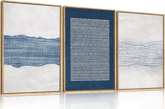 Large Abstract Navy Blue and White Framed Canvas Wall Art,Minimalist Boho Waves Lines Wall Decor,Modern Mid Century Artwork,Neutral Geometric Art Print for Living Room,Bedroom,Office- 16"x24"x3