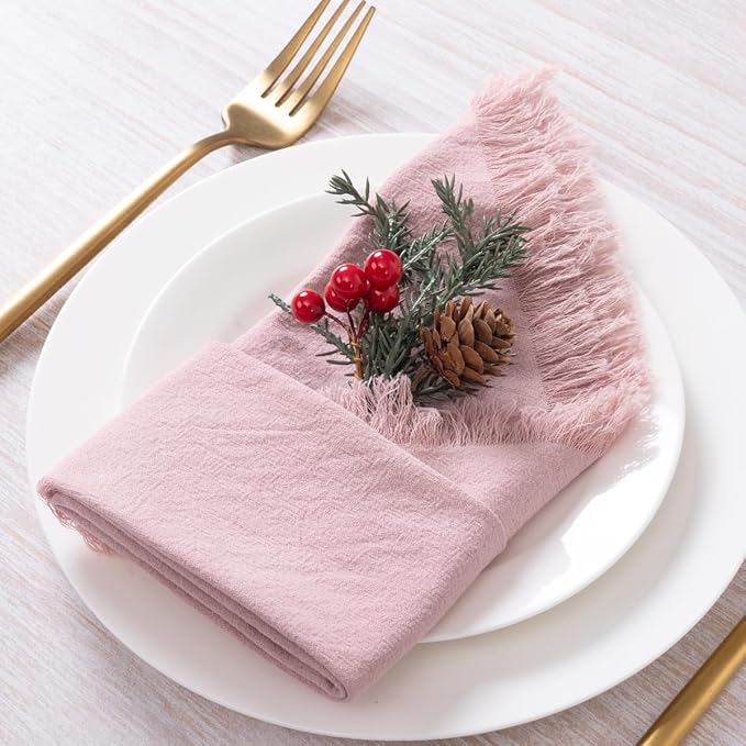 12 Pack Pink Cotton Linen Napkins with Fringe Spring Cloth Napkins Set of 12 Boho Handmade Dinner Napkins Bulk for Wedding Bridal Baby Shower Valentine's Day, 17 x 17 Inches