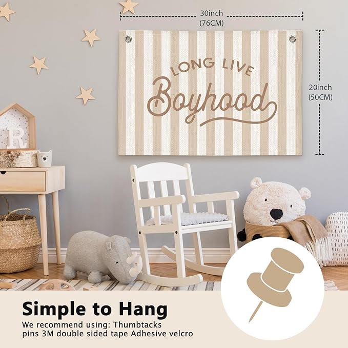 Long Live Boyhood Beige Striped Boys Room Decor - Linen Banner Wall Hanging Canvas Banner Flag Decor for Toddler Boy Bedroom Nursery Playroom