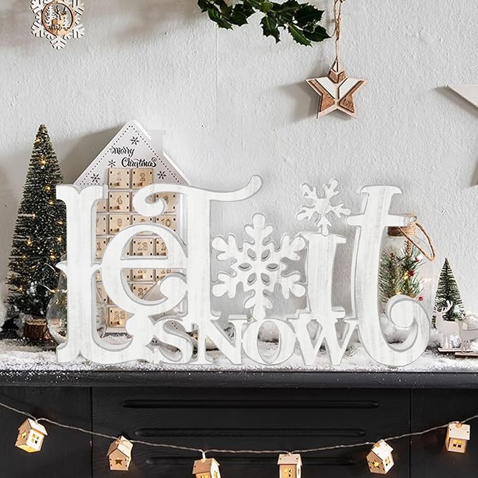 Let It Snow Decorations, Snow Wooden Christmas Table Centerpiece Sign, Tiered Tray Decor for Xmas Winter Holiday Home Decor (Retro)