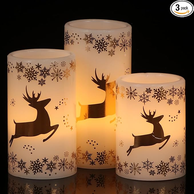 GenSwin Christmas Flameless LED Flickering Candles, Real Wax, Gold Deer, 3 Pack Pillar Fake Candles for Winter Indoor Fireplace Decor (D3' x H4'5'6')