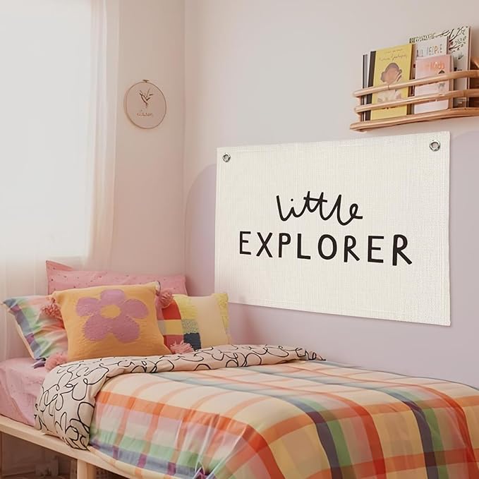 Little Explorer Baby Shower Linen Canvas Banner, Boys Room Decor, Camping Wall Hanging Canvas Banner Flag Decor for Toddler Boy Room Nursery Playroom, 20x30 Inch