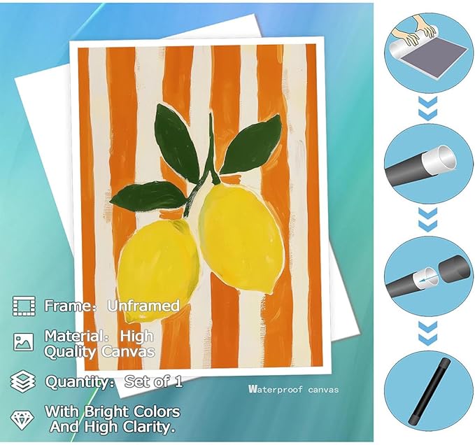 Lemon Watercolor Wall Art – Fresh Yellow Citrus Canvas Print – Orange Stripe Kitchen Decor – Modern Botanical Fruit Illustration Poster 12x16inch-Unframed