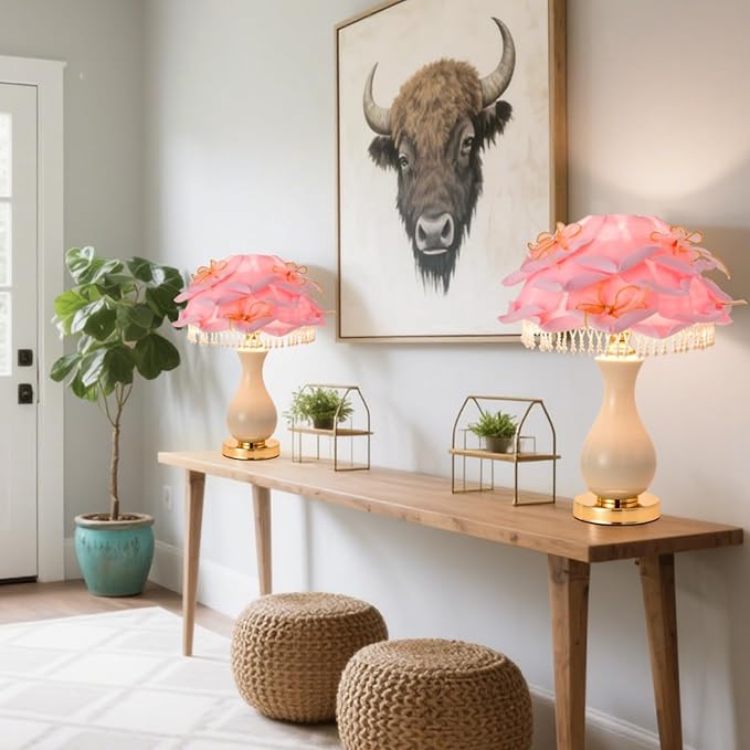 Pink Flower Lamp Nordic Rose Flower Table Lamp Modern Ceramic Nightstand Light Romantic Princess Bedside Lamp for Girl Wedding Valentines Christmas Gift Deco Bedroom Living Room Entry