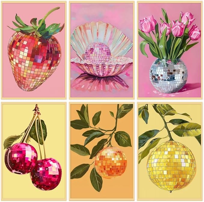 Clendo 6P Disco Ball Paint by Numbers Kit for Adults, DIY Fruit Adult's Paint by Numbers on Canvas, Easy Acrylic Watercolor Oil Painting by Number Without Frame(8x12 in)