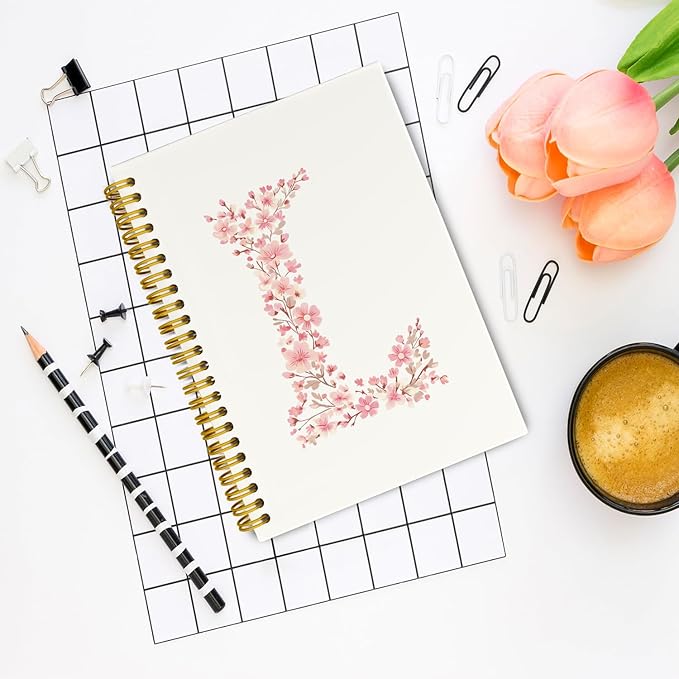 Pink Cute Spiral Notebook Journal, Preppy Floral Initial Letter L Personalized Journaling Notebooks, Monogrammed Gifts for Women Girls, Botanical Hardcover Spiral Lined Notebook 5.5 x 8.3