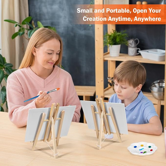 Acrylic Paint Set with 8 PCS 11.8In Easel & 16 PCS 8X10In Canvas, Painting Canvas Panel with Easel, Art Canvas Painting Kit with Brushes & Paint Trays for Kids Teenagers Acrylic Oil Water Color Gift